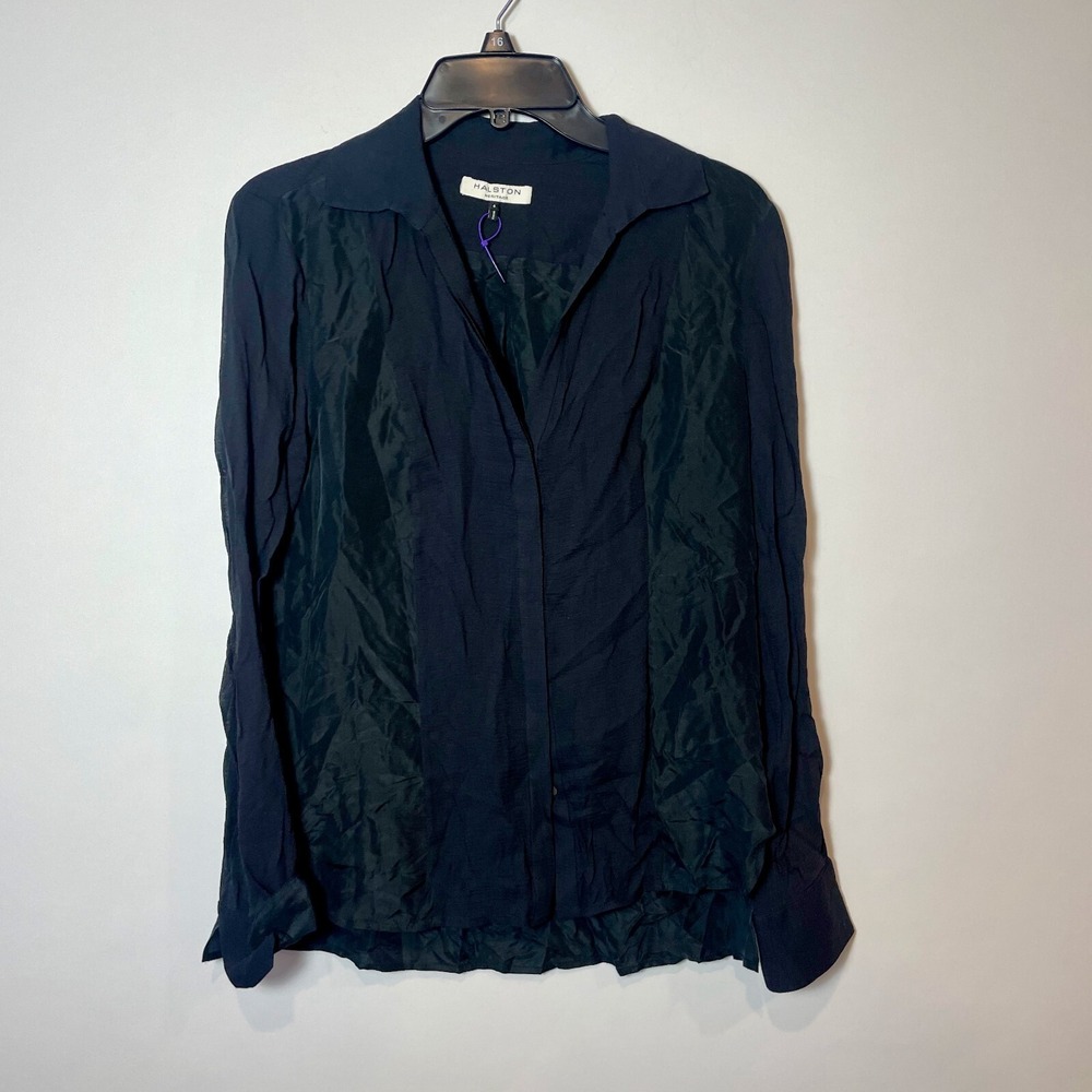 Halston Heritage Button Up Blouse Womens 4 Black Long Sleeve Silk Trim Collared